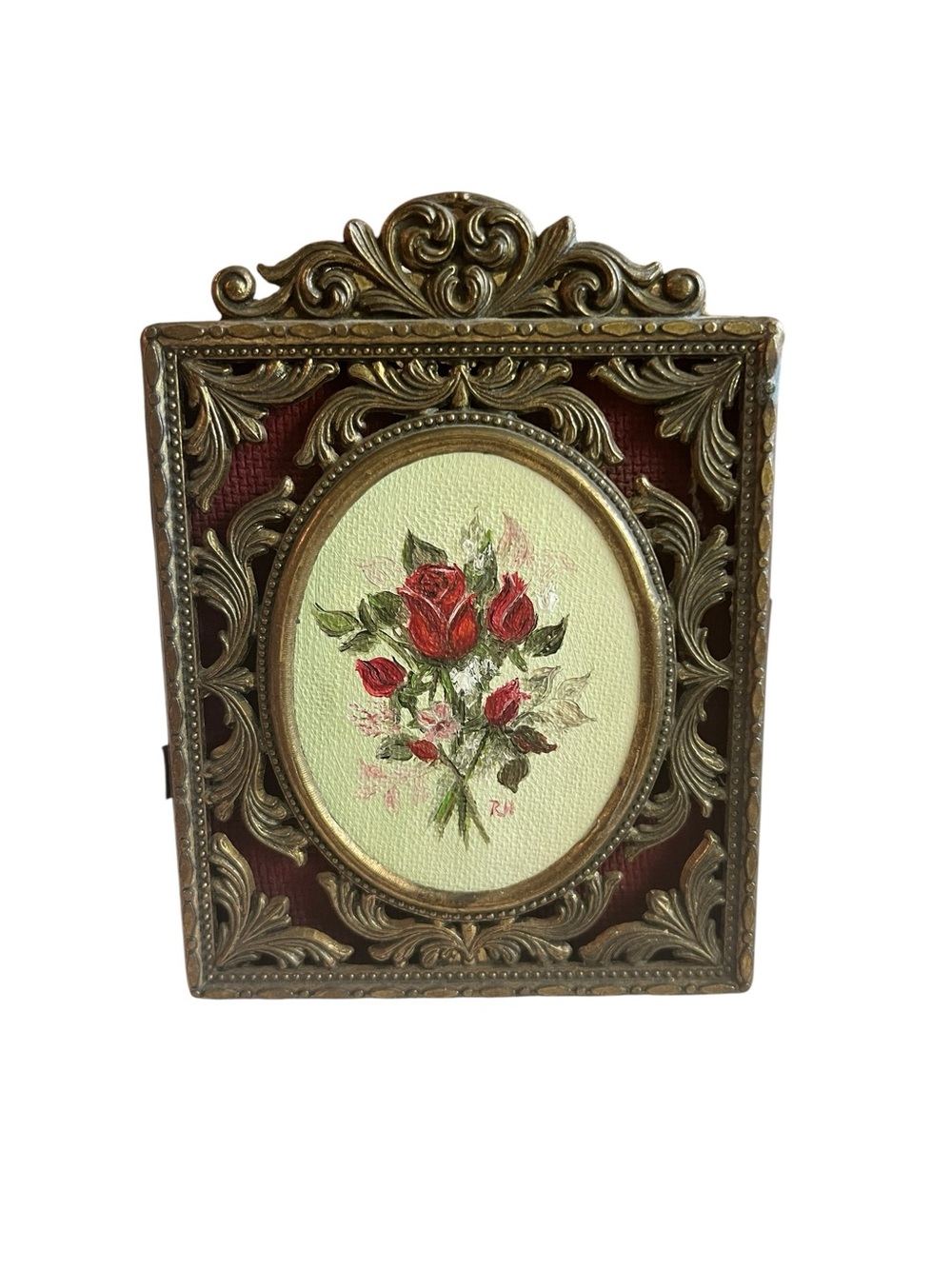 Vintage ornate, openwork brass frame oval shape original painting roses Italy